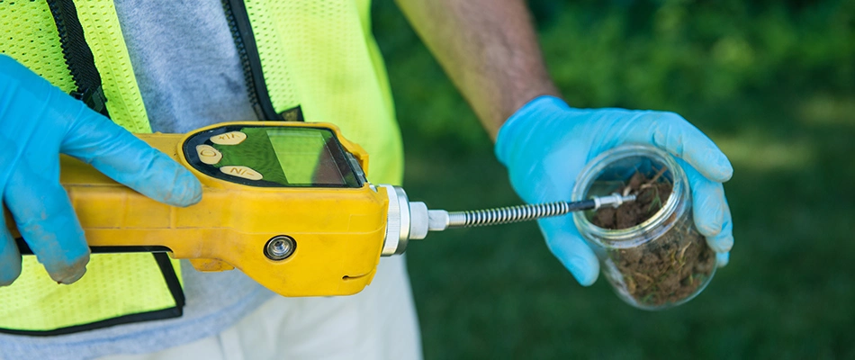 Technician checking health of soil in Urbandale, IA.