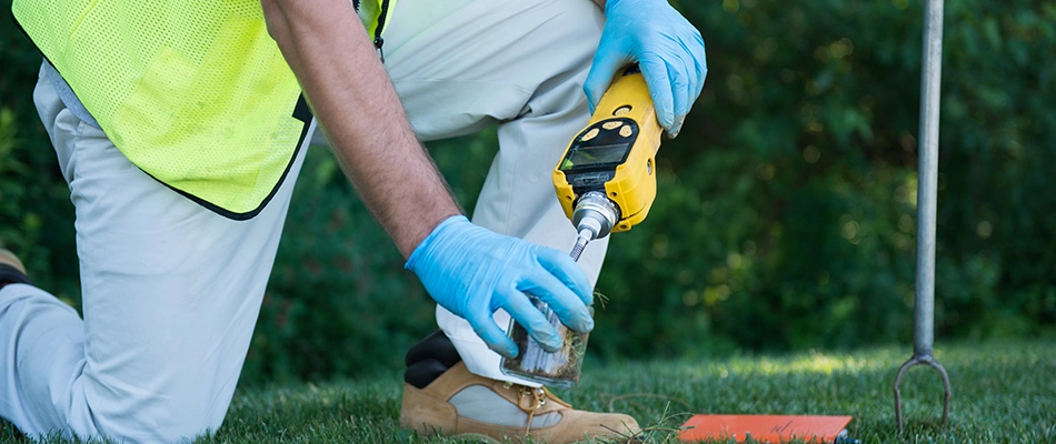 Technician testing soil in a lawn in Ankeny, IA.